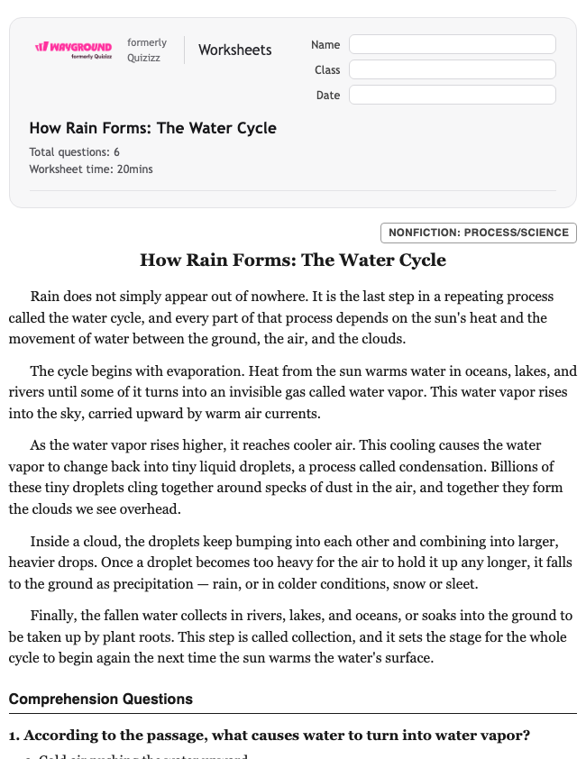 How Rain Forms: The Water Cycle - Printable Ela Worksheets Year 5 - Wayground