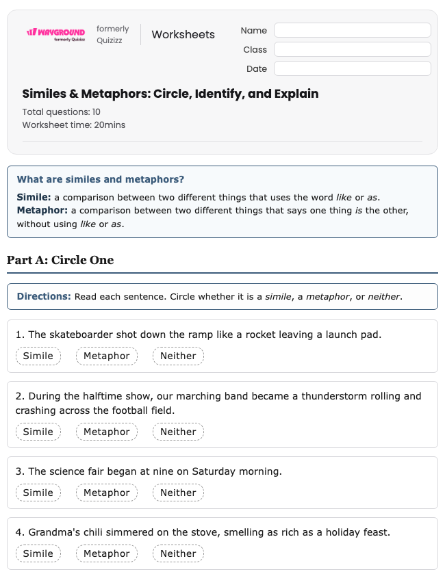 Similes & Metaphors: Circle, Identify, and Explain - Printable Ela Worksheets Year 5 - Wayground