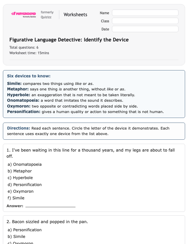 Figurative Language Detective: Identify the Device - Printable Ela Worksheets Year 5 - Wayground