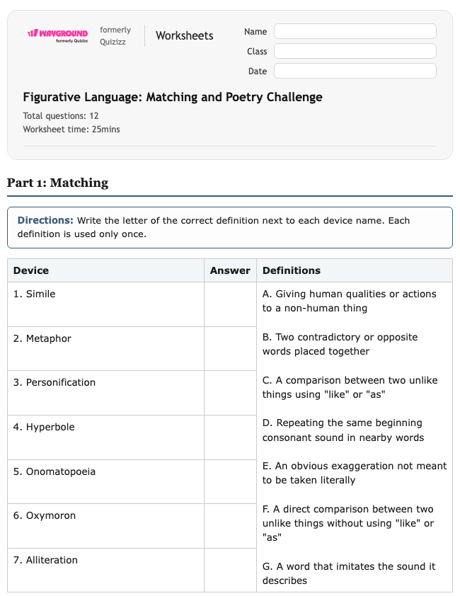Figurative Language: Matching and Poetry Challenge - Printable Ela Worksheets Year 5 - Wayground