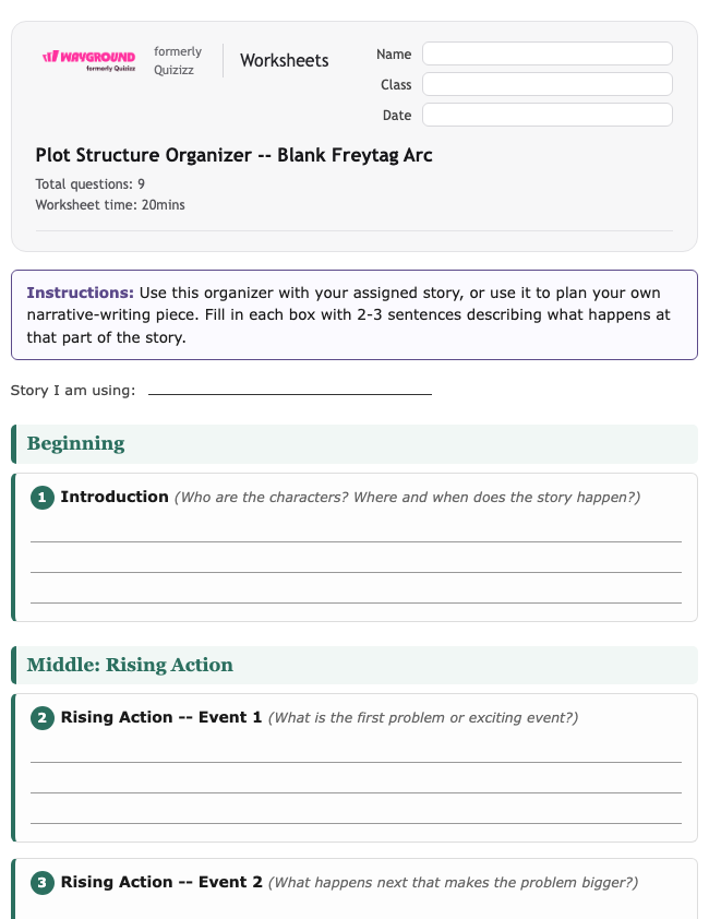 Plot Structure Organizer -- Blank Freytag Arc - Printable Ela Worksheets Year 5 - Wayground