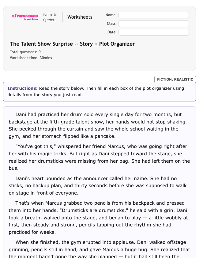 The Talent Show Surprise -- Story + Plot Organizer - Printable Ela Worksheets Year 5 - Wayground
