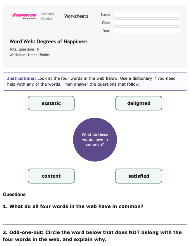 Word Web: Degrees of Happiness - Printable Ela Worksheets Year 5 - Wayground