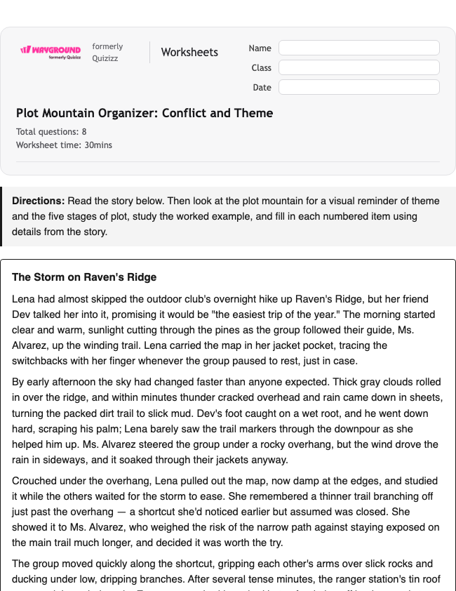Plot Mountain Organizer: Conflict and Theme - Printable Ela Worksheets Grade 6 - Wayground