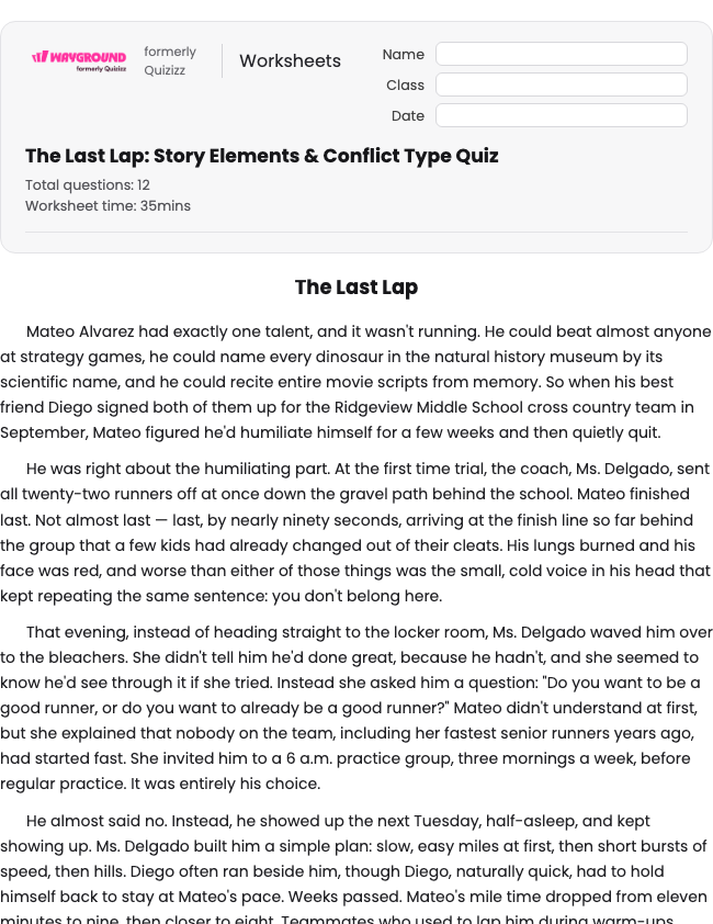 The Last Lap: Story Elements & Conflict Type Quiz - Printable Ela Worksheets Grade 6 - Wayground