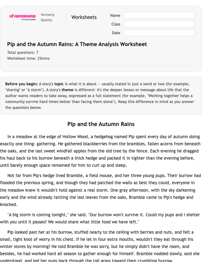 Pip and the Autumn Rains: A Theme Analysis Worksheet - Printable Ela Worksheets Grade 6 - Wayground