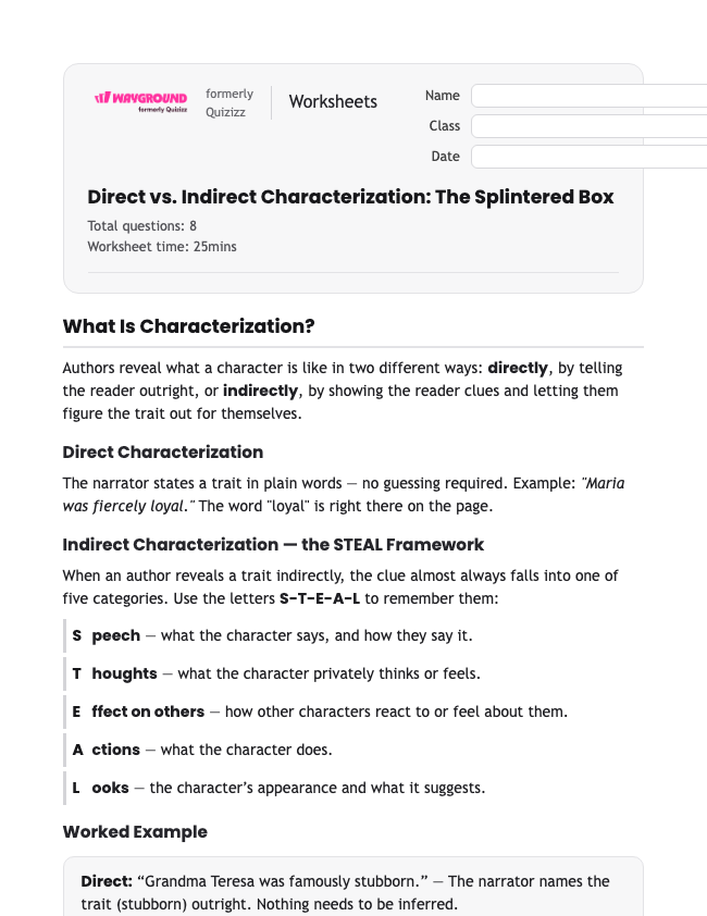 Direct vs. Indirect Characterization: The Splintered Box - Printable Ela Worksheets Grade 6 - Wayground