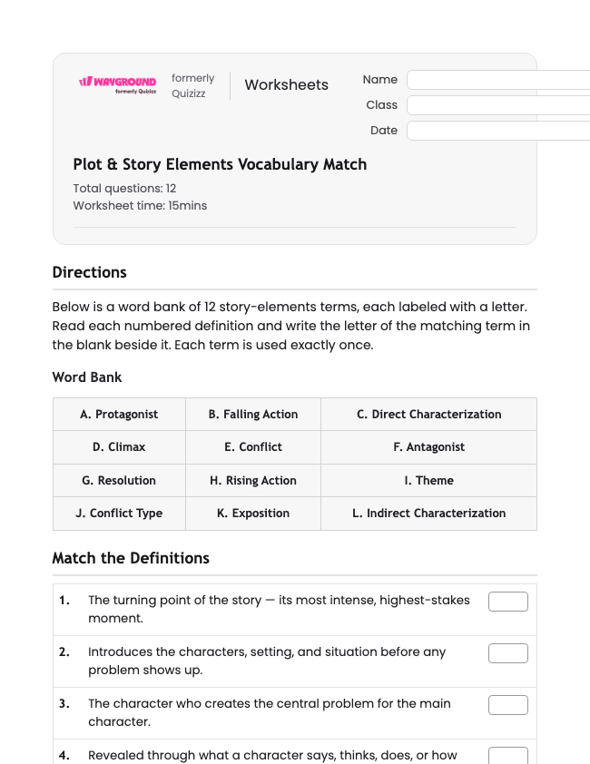 Plot & Story Elements Vocabulary Match - Printable Ela Worksheets Grade 6 - Wayground