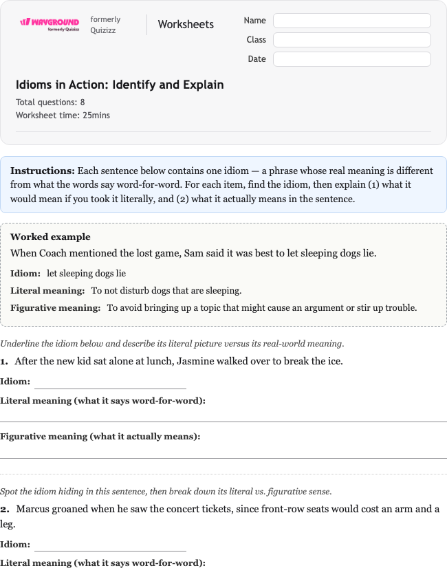 Idioms in Action: Identify and Explain - Printable Ela Worksheets Grade 6 - Wayground