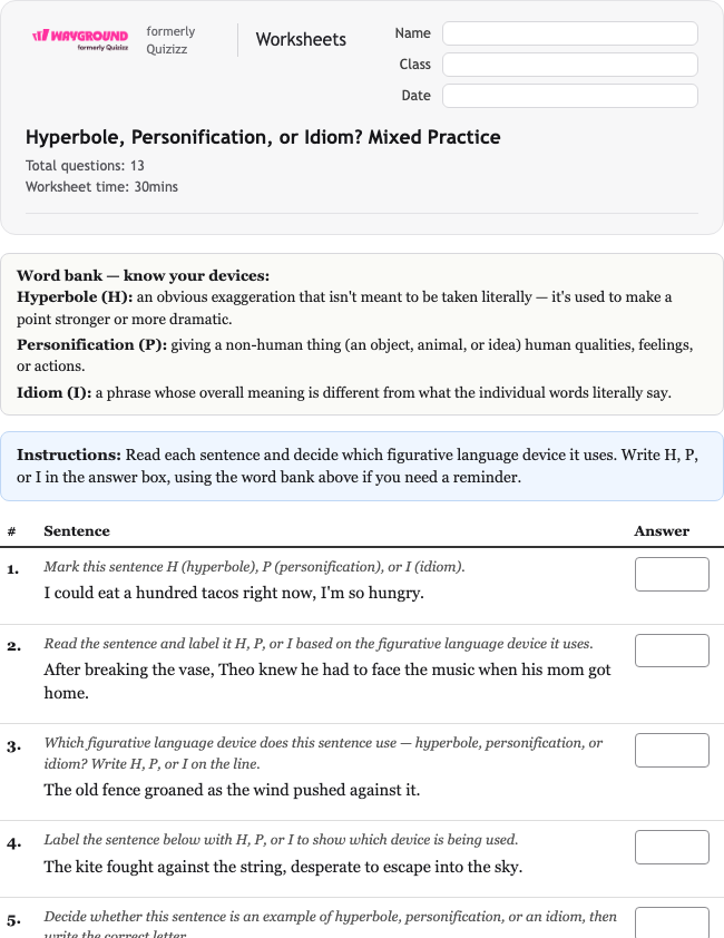 Hyperbole, Personification, or Idiom? Mixed Practice - Printable Ela Worksheets Grade 6 - Wayground
