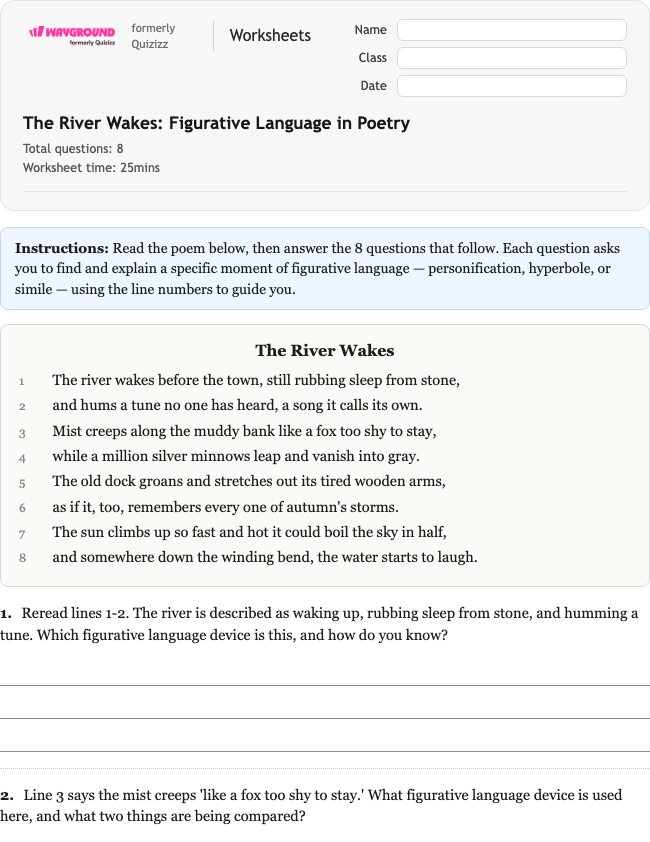 The River Wakes: Figurative Language in Poetry - Printable Ela Worksheets Grade 6 - Wayground