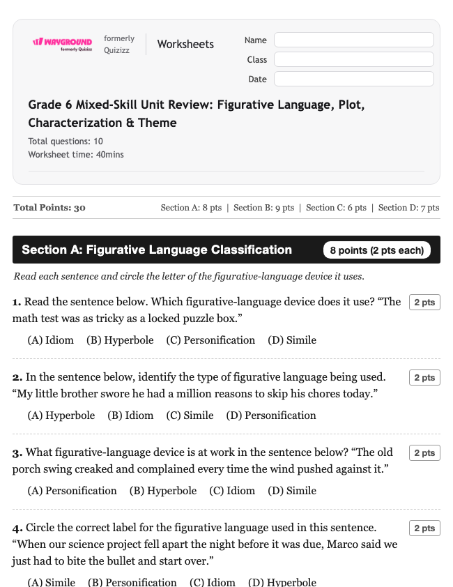 Grade 6 Mixed-Skill Unit Review: Figurative Language, Plot, Characterization & Theme - Printable Ela Worksheets Grade 6 - Wayground