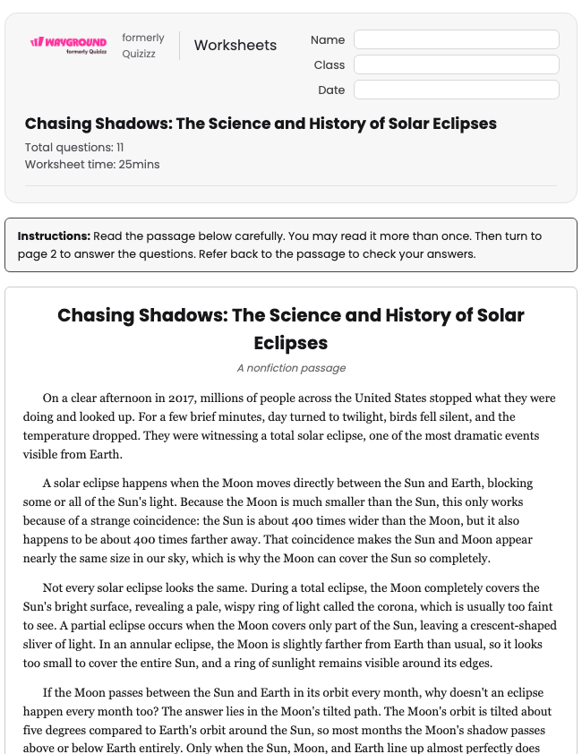 Chasing Shadows: The Science and History of Solar Eclipses -- Reading Comprehension Quiz - Printable Ela Worksheets Grade 7 - Wayground