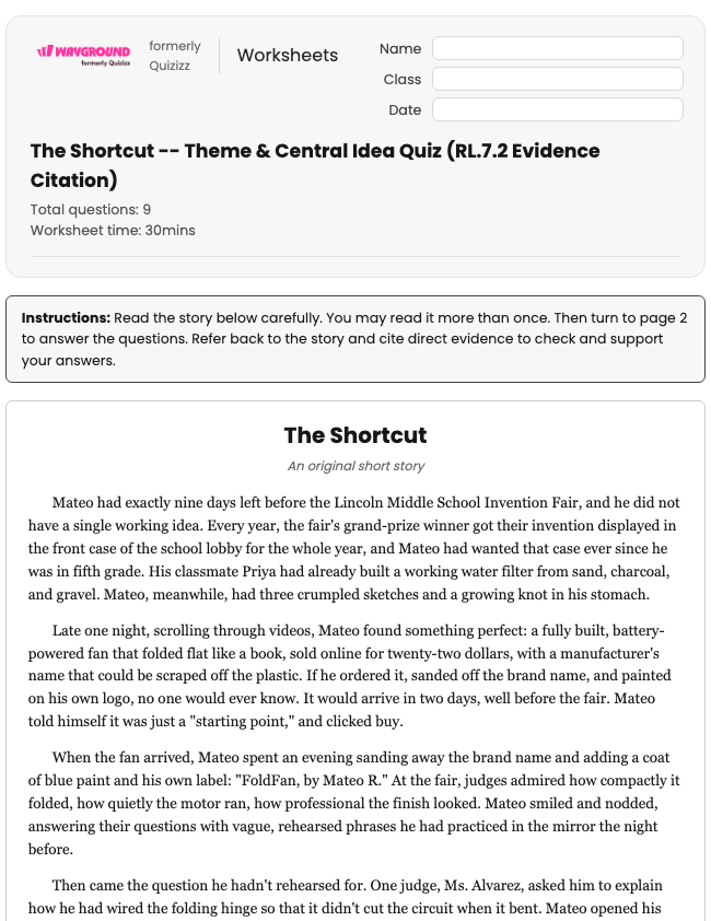 The Shortcut -- Theme & Central Idea Quiz (RL.7.2 Evidence Citation) - Printable Ela Worksheets Grade 7 - Wayground