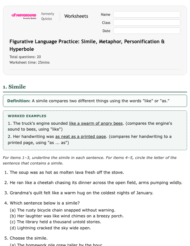 Figurative Language Practice: Simile, Metaphor, Personification & Hyperbole - Printable Ela Worksheets Grade 7 - Wayground