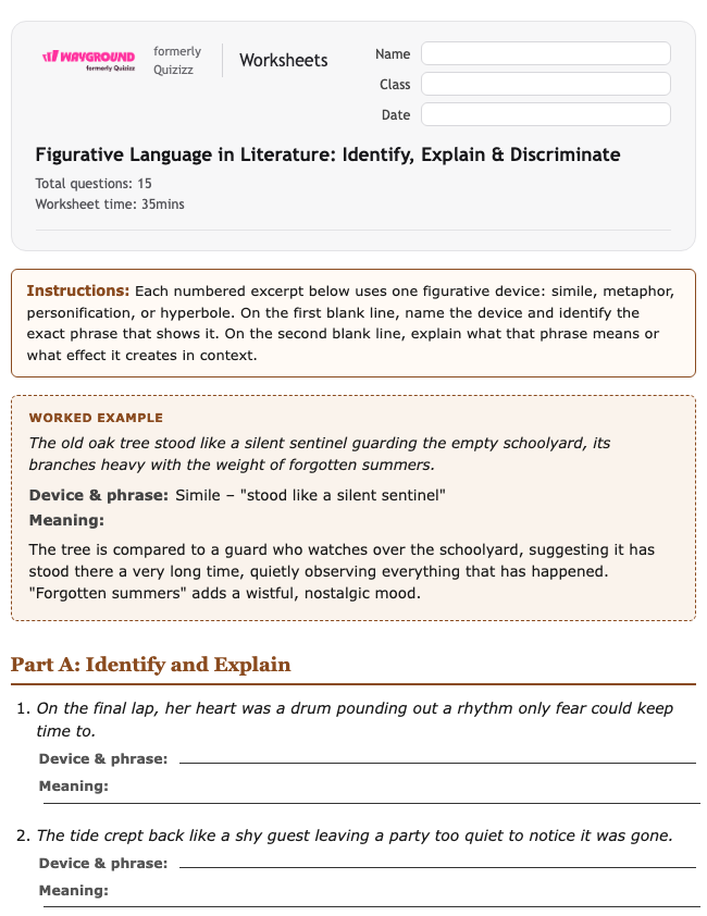 Figurative Language in Literature: Identify, Explain & Discriminate - Printable Ela Worksheets Grade 7 - Wayground