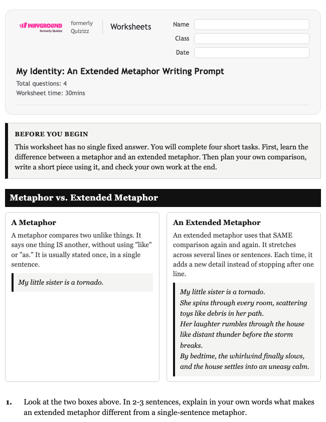 My Identity: An Extended Metaphor Writing Prompt - Printable Ela Worksheets Grade 7 - Wayground