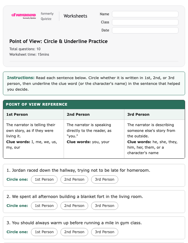 Point of View: Circle & Underline Practice - Printable Ela Worksheets Grade 7 - Wayground