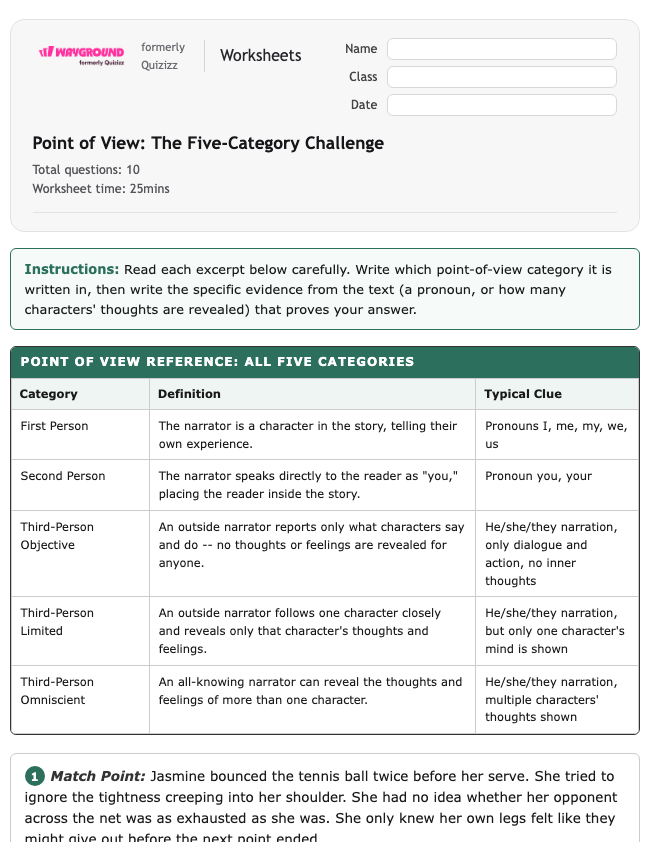 Point of View: The Five-Category Challenge - Printable Ela Worksheets Grade 7 - Wayground