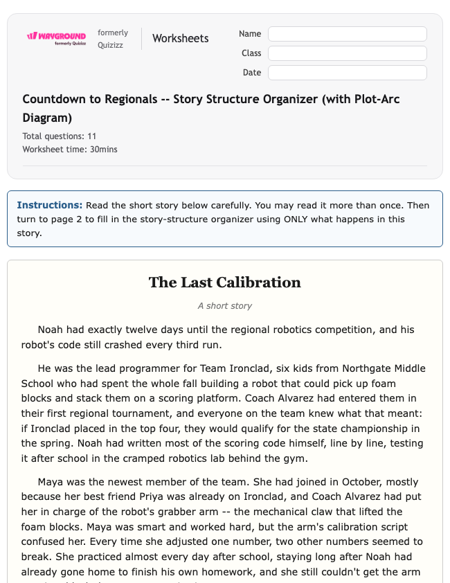 Countdown to Regionals -- Story Structure Organizer (with Plot-Arc Diagram) - Printable Ela Worksheets Grade 7 - Wayground