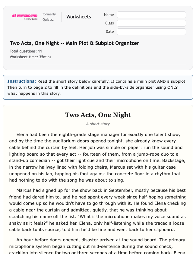 Two Acts, One Night: Main Plot & Subplot Organizer - Printable Ela Worksheets Grade 7 - Wayground