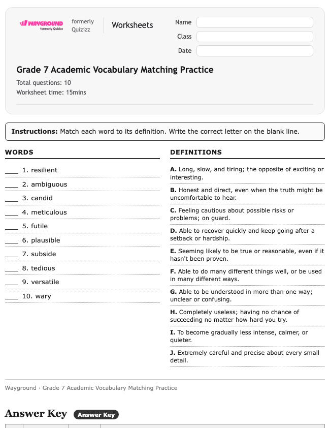 Grade 7 Academic Vocabulary Matching Practice - Printable Ela Worksheets Grade 7 - Wayground