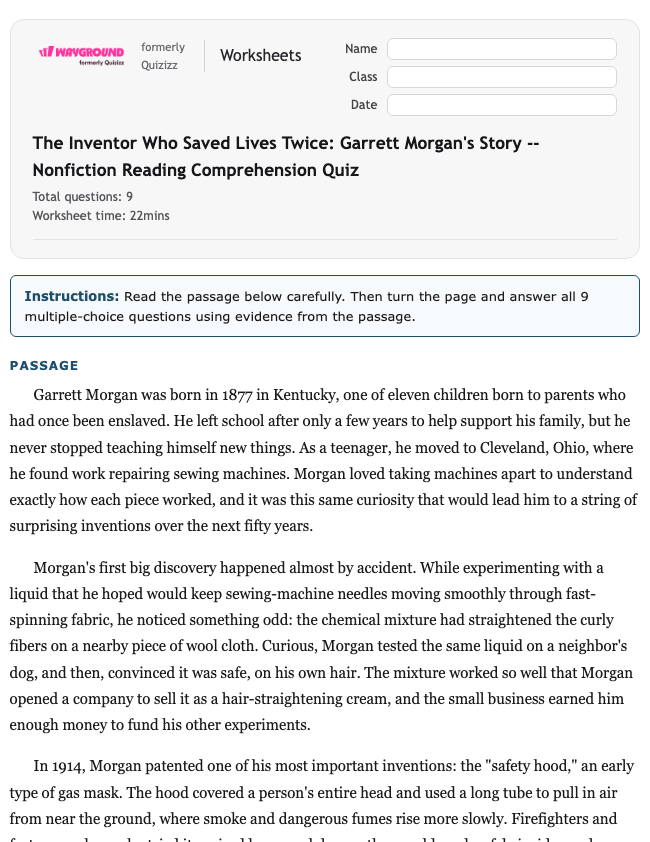The Inventor Who Saved Lives Twice: Garrett Morgan's Story -- Nonfiction Reading Comprehension Quiz - Printable Ela Worksheets Class 8 - Wayground