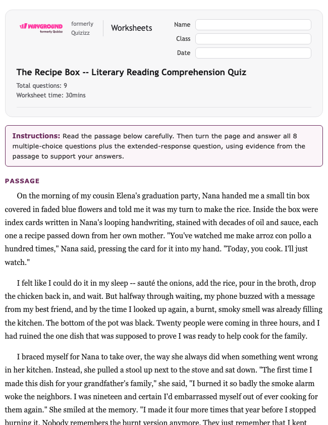 The Recipe Box -- Literary Reading Comprehension Quiz - Printable Ela Worksheets Class 8 - Wayground