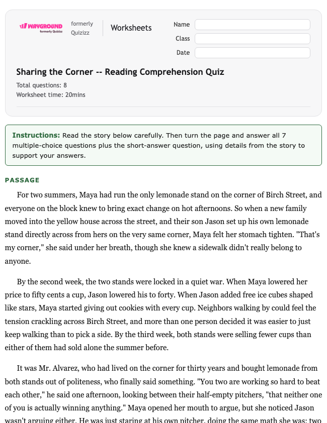 Sharing the Corner -- Reading Comprehension Quiz - Printable Ela Worksheets Class 8 - Wayground