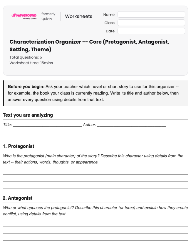 Characterization Organizer -- Core (Protagonist, Antagonist, Setting, Theme) - Printable Ela Worksheets Class 8 - Wayground