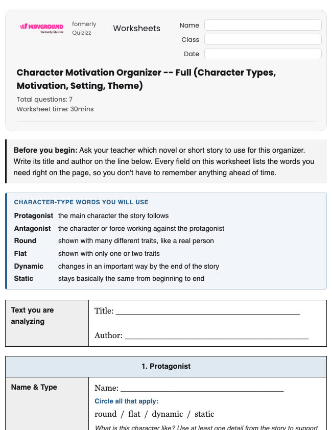 Character Motivation Organizer -- Full (Character Types, Motivation, Setting, Theme) - Printable Ela Worksheets Class 8 - Wayground