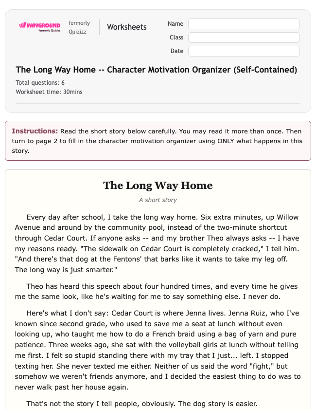 The Long Way Home -- Character Motivation Organizer (Self-Contained) - Printable Ela Worksheets Class 8 - Wayground