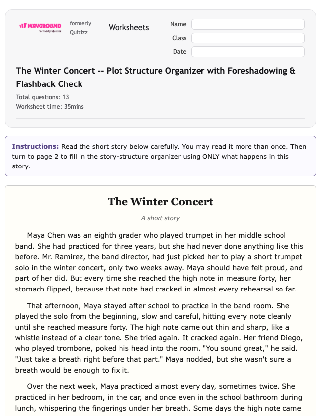 The Winter Concert -- Plot Structure Organizer with Foreshadowing & Flashback Check - Printable Ela Worksheets Class 8 - Wayground