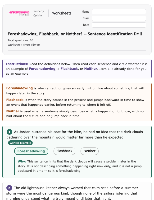 Foreshadowing, Flashback, or Neither? -- Sentence Identification Drill - Printable Ela Worksheets Class 8 - Wayground