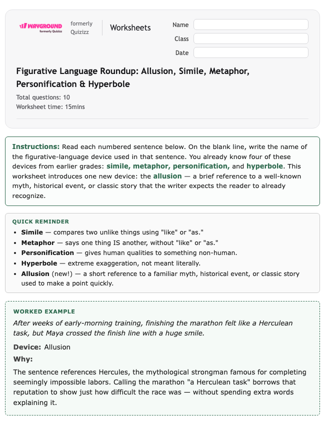 Figurative Language Roundup: Allusion, Simile, Metaphor, Personification & Hyperbole - Printable Ela Worksheets Class 8 - Wayground