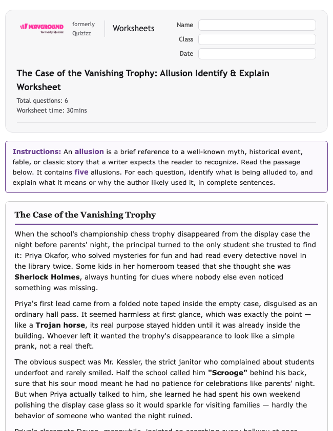 The Case of the Vanishing Trophy: Allusion Identify & Explain Worksheet - Printable Ela Worksheets Class 8 - Wayground