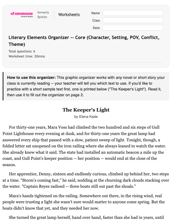 Literary Elements Organizer -- Core (Character, Setting, POV, Conflict, Theme) - Printable Ela Worksheets Year 9 - Wayground
