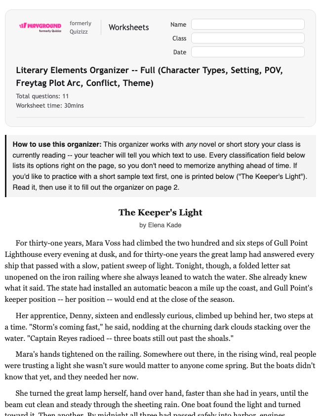 Literary Elements Organizer -- Full (Character Types, Setting, POV, Freytag Plot Arc, Conflict, Theme) - Printable Ela Worksheets Year 9 - Wayground