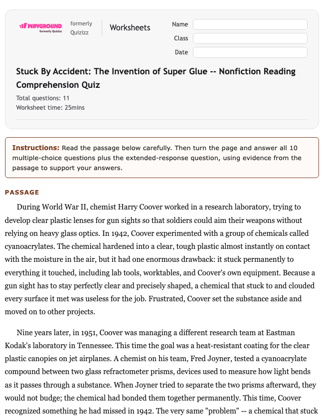 Stuck By Accident: The Invention of Super Glue -- Nonfiction Reading Comprehension Quiz - Printable Ela Worksheets Year 9 - Wayground