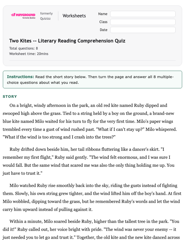 Two Kites -- Literary Reading Comprehension Quiz - Printable Ela Worksheets Year 9 - Wayground