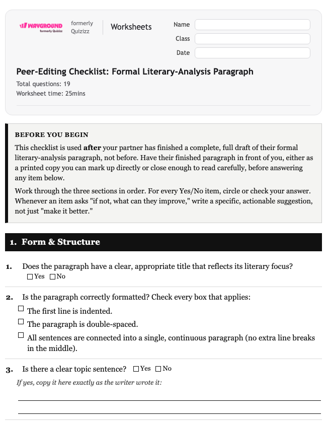 Peer-Editing Checklist: Formal Literary-Analysis Paragraph - Printable Ela Worksheets Year 9 - Wayground
