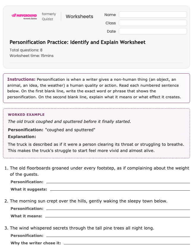 Personification Practice: Identify and Explain Worksheet - Printable Ela Worksheets Year 9 - Wayground