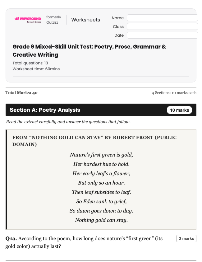 Grade 9 Mixed-Skill Unit Test: Poetry, Prose, Grammar & Creative Writing - Printable Ela Worksheets Year 9 - Wayground