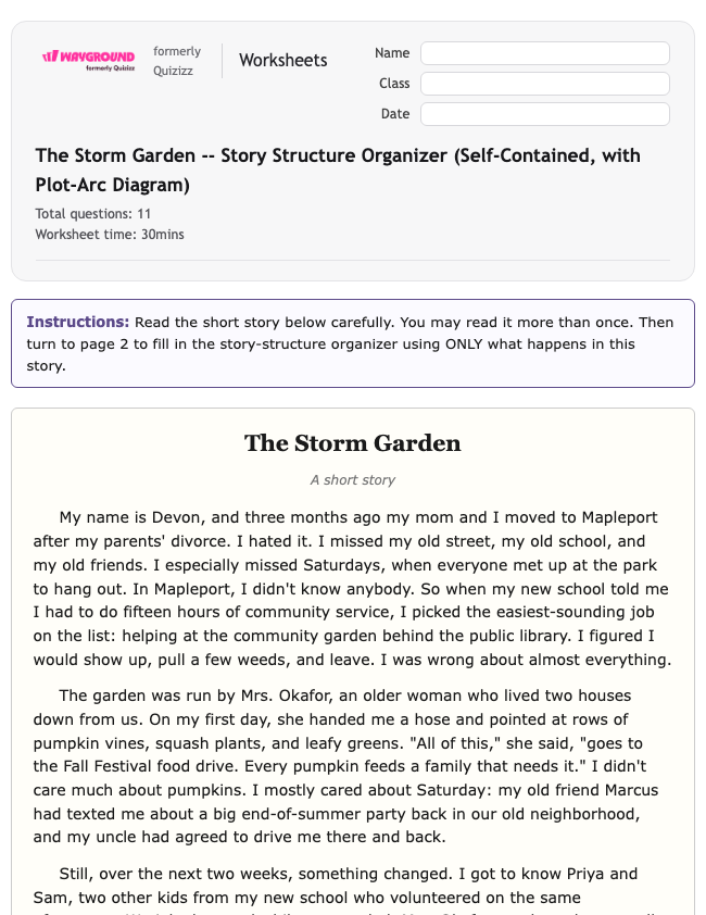The Storm Garden -- Story Structure Organizer (Self-Contained, with Plot-Arc Diagram) - Printable Ela Worksheets Year 9 - Wayground
