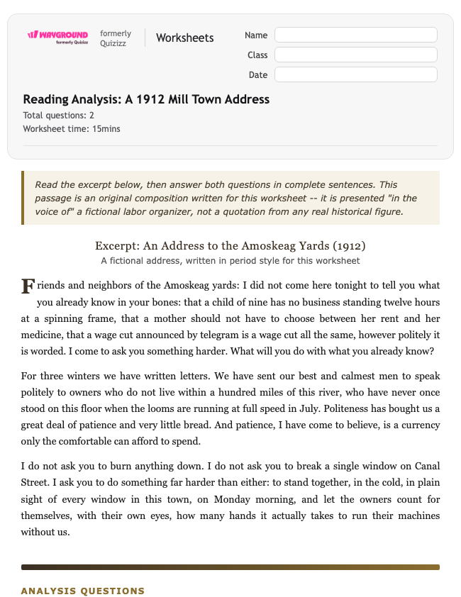 Reading Analysis: A 1912 Mill Town Address - Printable Ela Worksheets Year 9 - Wayground