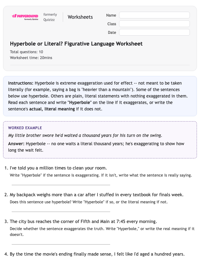 Hyperbole or Literal? Figurative Language Worksheet - Printable Ela Worksheets Year 9 - Wayground