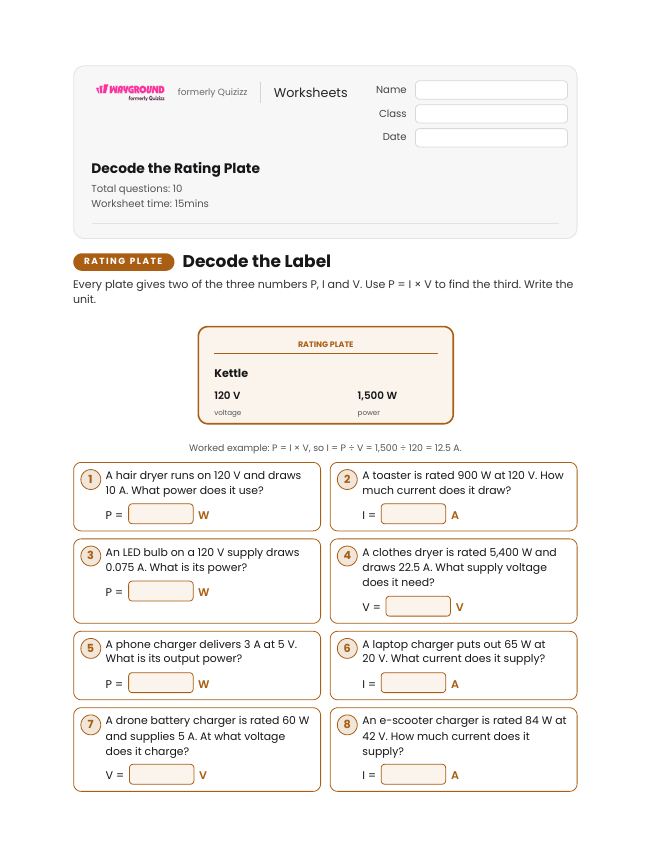 Decode the Rating Plate - Dapat dicetak Tenaga-listrik-dan-rangkaian-dc Lembar-kerja - Wayground