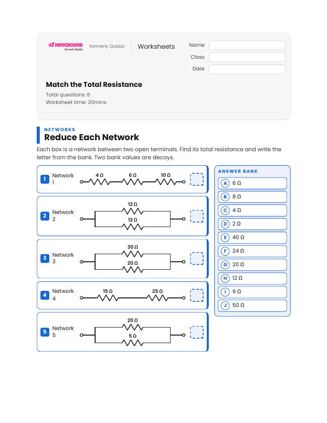 Match the Total Resistance - Dapat dicetak Tenaga-listrik-dan-rangkaian-dc Lembar-kerja - Wayground
