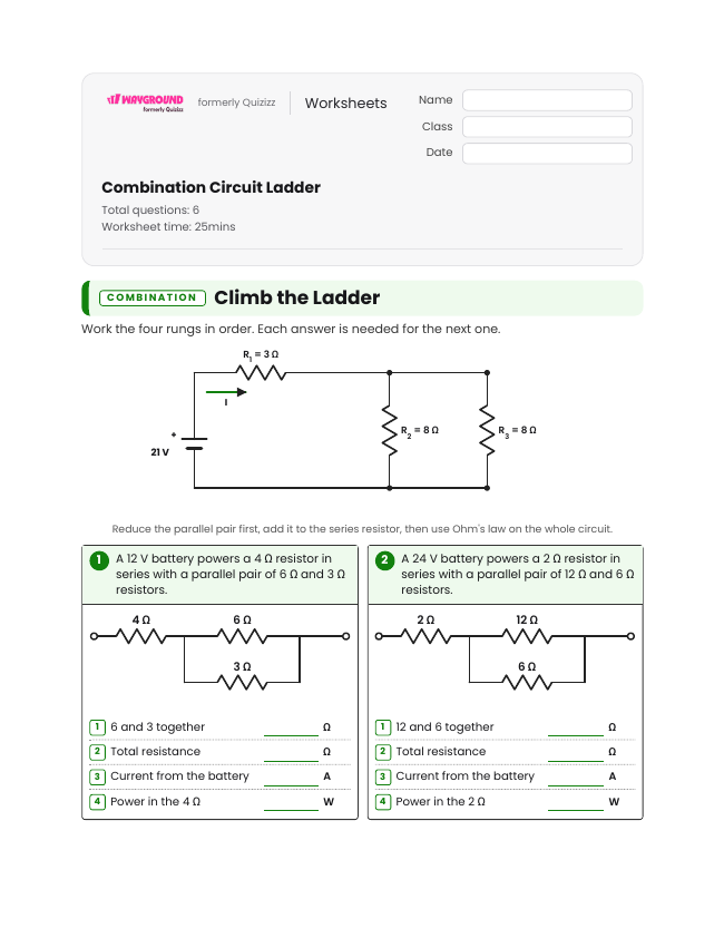 Combination Circuit Ladder - Dapat dicetak Tenaga-listrik-dan-rangkaian-dc Lembar-kerja - Wayground