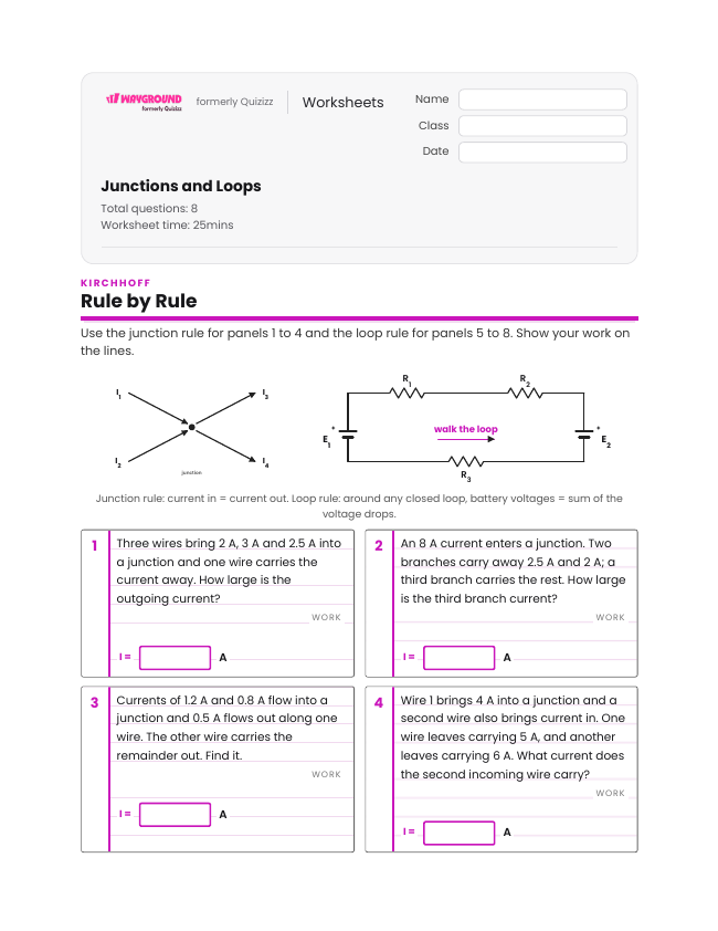 Junctions and Loops - Dapat dicetak Tenaga-listrik-dan-rangkaian-dc Lembar-kerja - Wayground